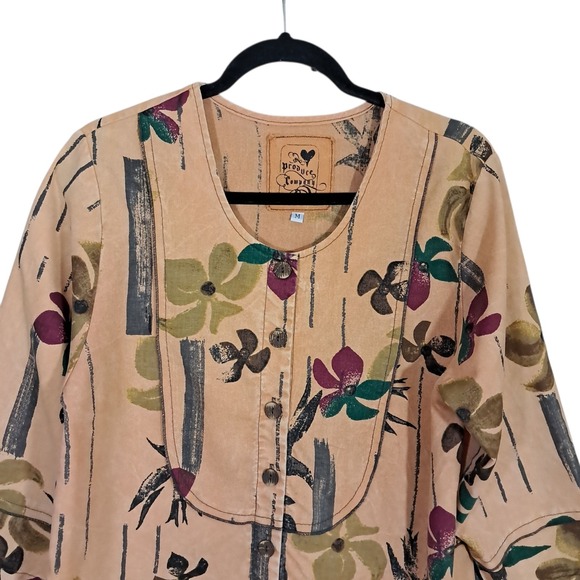 Produce Company Women‎ Linen Blend Brown Abstract Art Button Up Shirt USA M - Picture 4 of 11